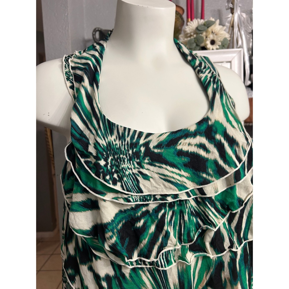 Worthington Woman Green Black Abstract Ikat Ruffle Halter Top Plus 3X - Picture 9 of 10